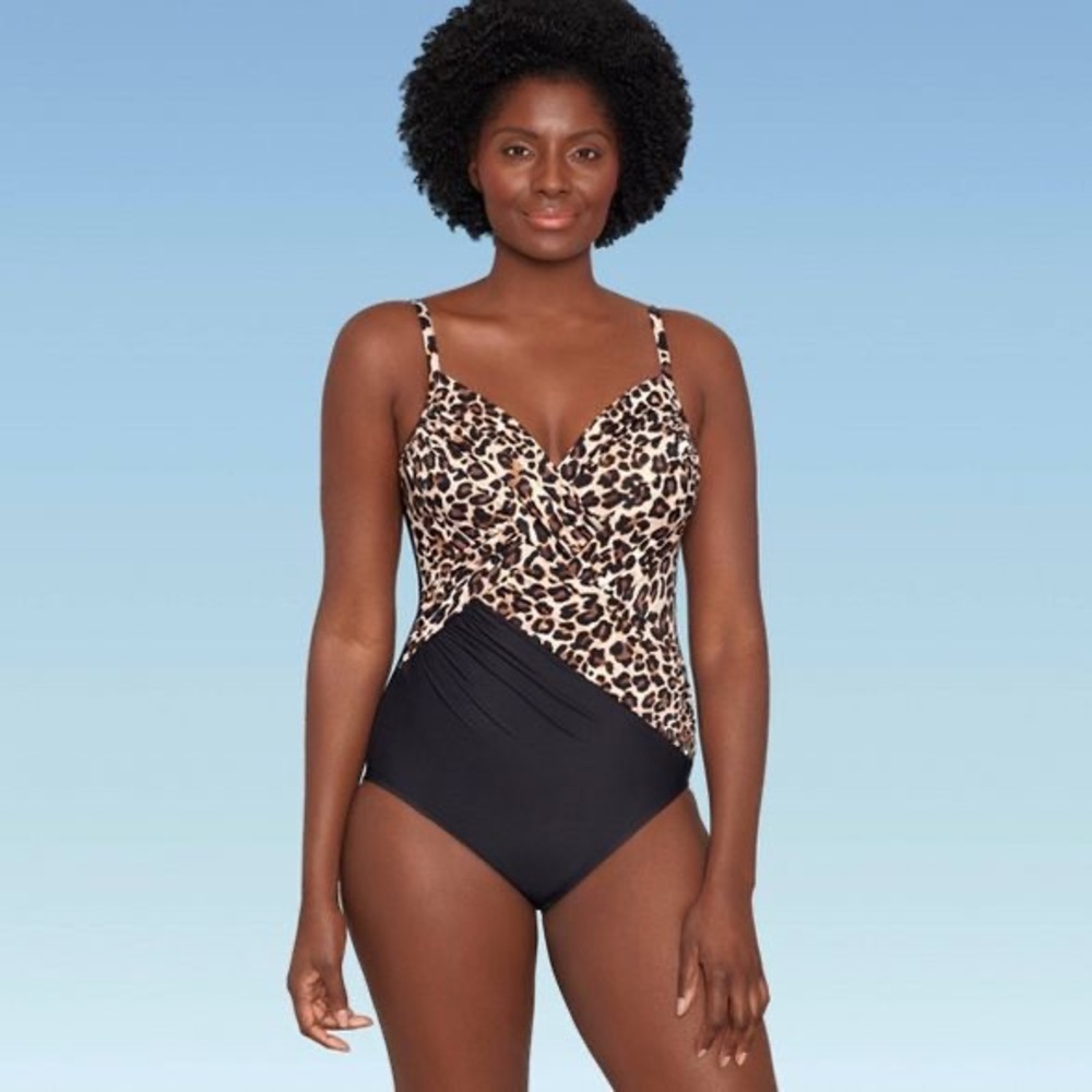 Dreamsuit By Miracle Brands Swimsuit One Piece 10 Leopard And Black Slimming NWT